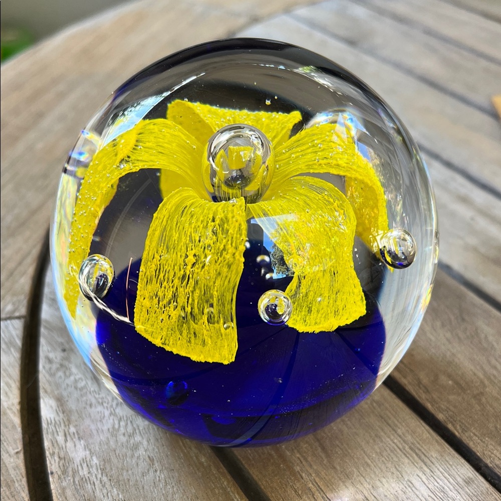 Art Glass Handblown Blue and Yellow round paperweight Vintage